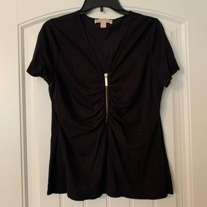 Michael Kors Large Black Zip V neck Blouse Top